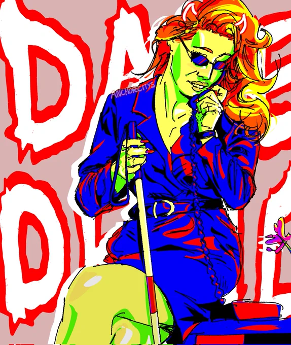 digital fanart of matt murdock as a woman in bright colours and with "daredevil" written behind her. she's sitting on a desk in the middle of a phone call with a white cane in her hand.