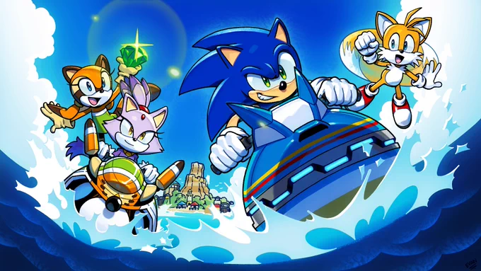 Sonic the Hedgehog sets out on a new venture on the open seas. He drives the Wave Cyclone waterbike while Tails follows along closely behind in the air. Blaze the Cat drives alongside Sonic in the SS Super-Marine with Marine the Raccoon riding shotgun and proudly raising a Chaos Emerald in her hand. Southern Island can be seen far off in the distance as Sonic and Blaze race further away from the island.