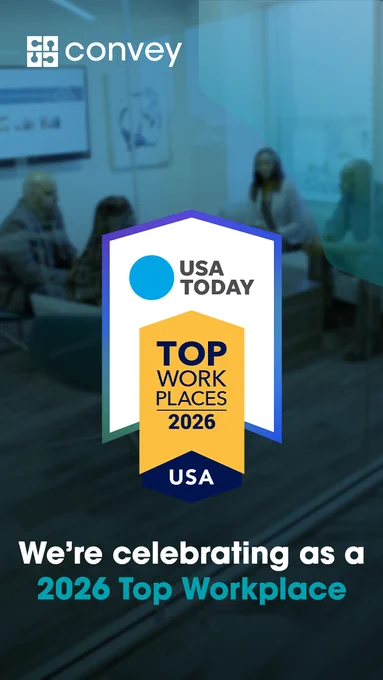 We're celebrating as a 2026 Top Workplace with background image of team members in the office