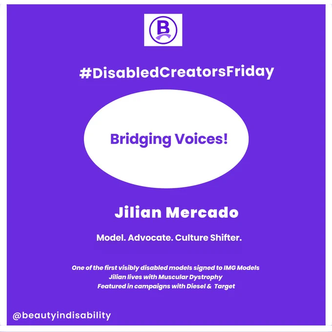 A purple and white informational graphic featuring Jilian Mercado, identifying her as a model, advocate, and culture shifter signed to IMG Models.