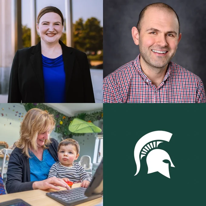 A square graphic with 4 panels of photos. Three include individual headshots, and one has the MSU Spartan helmet.