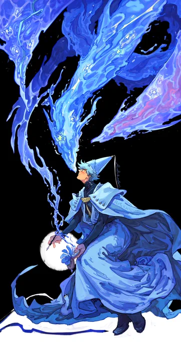 witch hat atelier qifrey fanart in color. qifrey is in a seated position at the bottom of the page, his left hand holding the open palm quire and the other holding his pen. a spell pours out from one of the pages, a water dragon flowing up and spiraling its body around to come face to face with a smiling qifrey. in the right wing of the dragon is a blue ribbon floating in the water and in the left wing, the water is mixed cloudily in pink. in the spirals of its body are the shapes of fishes swimming inside. down the center of its body are green stars and throughout the entire body are bright yellow stars, floating about in the magic. inside qifrey’s cape is brush buddy, looking up at the spell too.