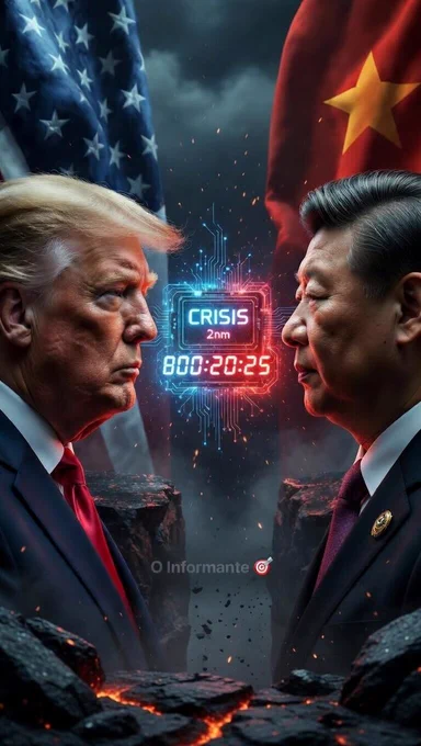 Imagem cinematográfica de Donald Trump e Xi Jinping se encarando de perfil com expressões tensas. No centro, as bandeiras dos EUA e da China se cruzam sob um chip semicondutor avançado transformado em uma bomba-relógio, com um cronômetro vermelho marcando "800:20:25". Ao fundo, um mapa holográfico tático do Estreito de Taiwan iluminado por luzes neon dramáticas azuis e vermelhas.