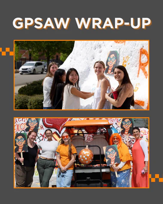 Two group photos in front of a painted rock. In the first photo, five people stand beside the rock, which is painted with text and designs. In the second photo, seven people pose with GPSAW-themed props in front of the rock. The rock is painted with vibrant colors and patterns.