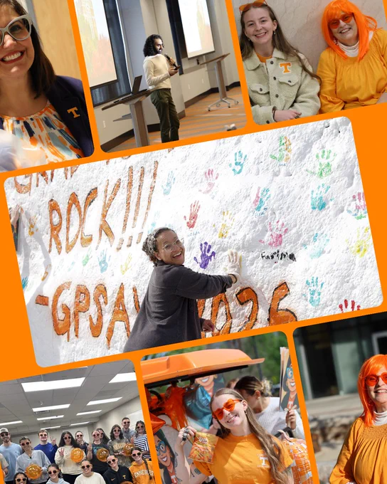 This collage features a series of images showing people at a University of Tennessee event. The images include people presenting, posing in orange attire, and participating in a group photo. One image features someone placing their handprint on a wall with colorful handprints and writing.