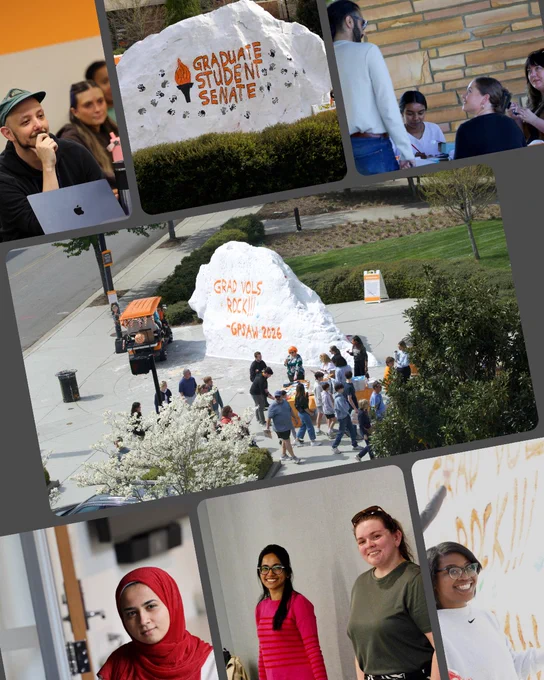 A collage of images featuring people in various settings. One central image shows a large painted rock with the text "Graduate Student Senate" and "Grad Vols Rock On! GSS 2026." Other images depict groups of people interacting and engaged in conversation.