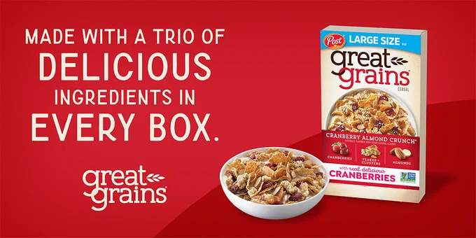 Box of Great Grains Cranberry Almond Crunch cereal with a bowl of cereal in front, set against a red background with text promoting the product's ingredients.