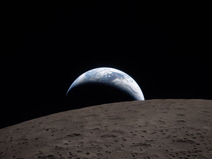 Earth is seen partially illuminated, rising above the moon's cratered surface against the dark backdrop of space.