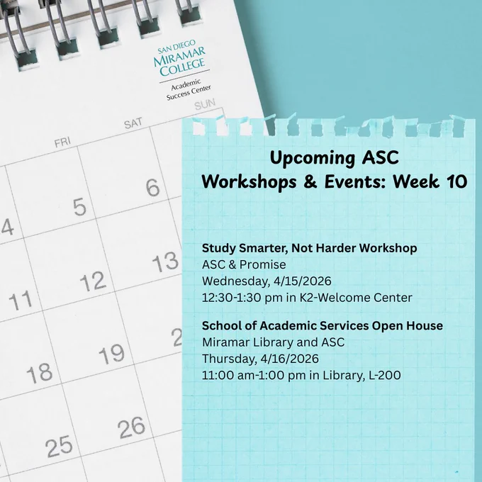 On a light blue background, there is a photo of a calendar page that overlaps the left edge of the image, and it is white with gray grid lines and numbers. The ASC’s logo is in the upper-right corner of the page by the metal rings that bind the calendar pages together. Overlapping the calendar page and occupying the right half of the image is a lighter blue piece of graph paper that is torn off of a notebook. There is a heading in black text centered across the top of the graph paper, and there is smaller black text underneath it that lists the workshops scheduled for next week.