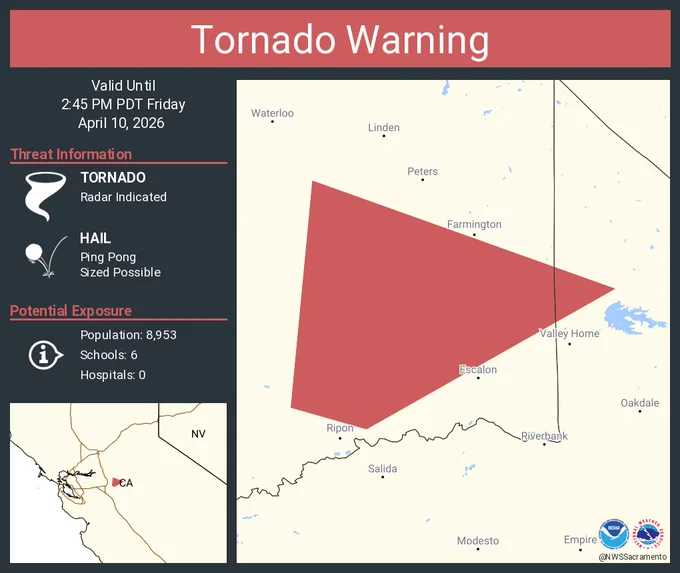 This graphic displays a tornado warning plotted on a map. The warning is in effect until 2:45 PM PDT. The warning includes San Joaquin County, CA, Stanislaus County, CA.  This warning is for East central San Joaquin County in central California and North central Stanislaus County in central California. The threats associated with this warning are a radar indicated tornado and ping pong sized hail. There are 8,953 people in the warning along with 6 schools and 0 hospitals.