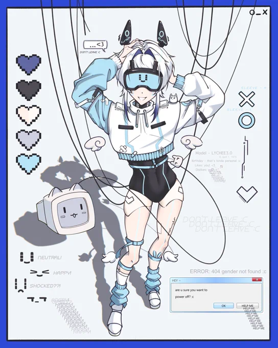 Character sheet reference for Lychee’s 3.0 model art design. The design features an android character dressed cute cybercore and tenshi kaiwai aesthetic.