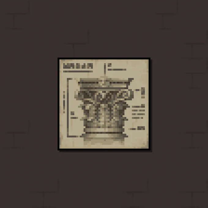 Pixel art painting depicting a Corinthian Capital diagram on paper