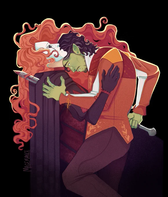 Fanart of Halandil Fang and Bolaire Lathalia from Critical Role. They both stand in profile, Bolaire with his head thrown back and Hal with his head leaning forwards onto Bolaire’s shoulder. Hal stabs a sword straight through Bolaire, a shocked expression on his face, while Bolaire looks happy and almost serene about it. 