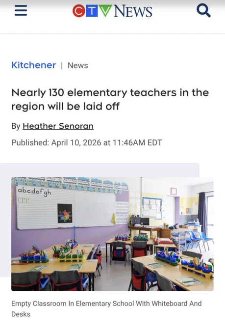 CTV article screenshot with headline nearly 130 elementary teachers in the region will be laid off teachers