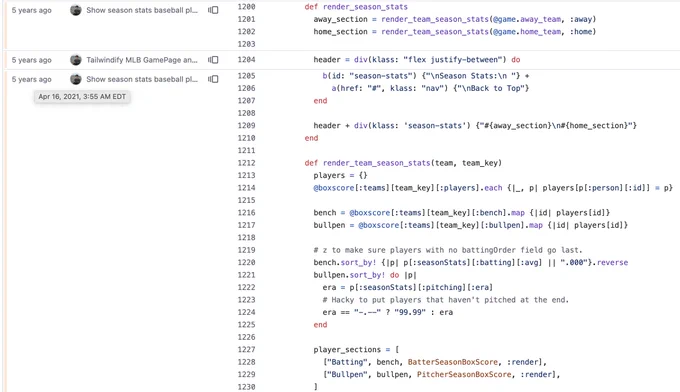 Screenshot of git blame on a section of code on Github showing some code that is almost 5 years old.