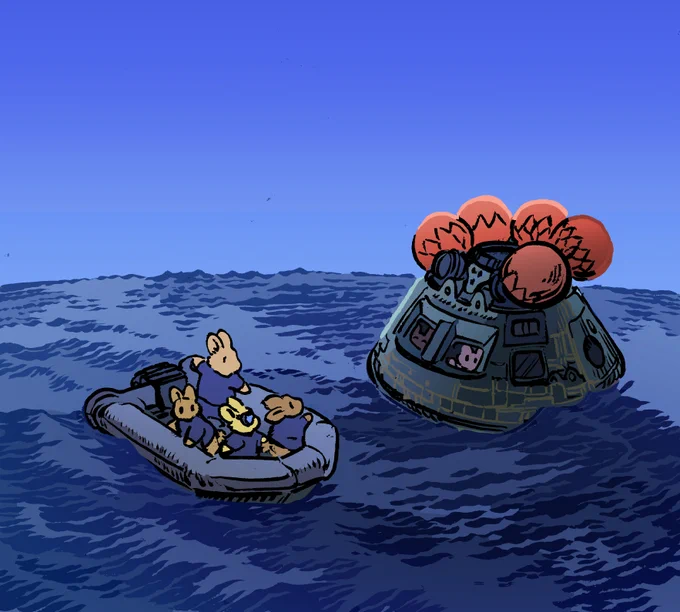 Bunnies in a raft pull up next to a spaceship capsule, which has just splashed down and is floating in the open sea. Visible in the capsule, two bunnies wave at the ones in the boat.