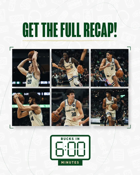 A graphic saying "Get the full recap" of Bucks win in 6 minutes. 