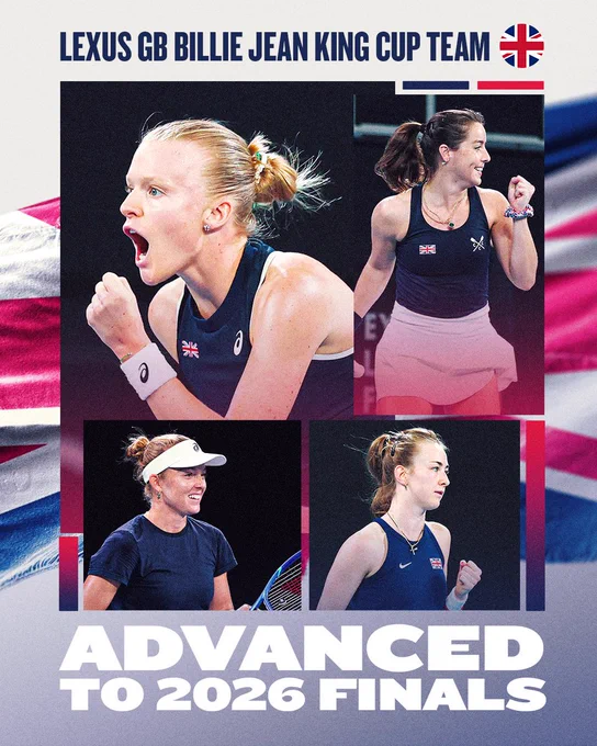 Graphic showing the Lexus GB Billie Jean King Cup Team have advanced to the 2026 Finals