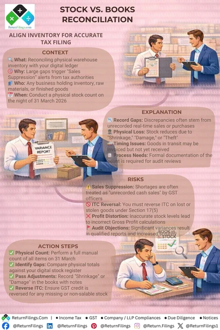 Image prepared by ReturnFilings.Com it contains Does your warehouse match your books? 📦🔍 On the night of March 31, 2026, a physical stock-take isn't just a chore—it’s a compliance shield! If your digital ledger shows more stock than your warehouse, GST officers may treat the gap as "unrecorded cash sales," leading to heavy penalties. 🚫💸

Under Section 17(5), you must also reverse Input Tax Credit (ITC) for any stolen, lost, or damaged goods. Don't let shrinkage distort your profits! 🛡️📉

✅ Your 3-Step Sync:
1️⃣ Physical Count: Conduct a full manual audit of all items on March 31.
2️⃣ Identify Gaps: Compare physical totals against your digital stock register.
3️⃣ Reverse ITC: Ensure GST credit is accurately reversed for missing or non-salable stock today!

#ReturnFiling #Returnfilings #InventoryManagement #StockAudit #GSTIndia #ITCReversal #MSMEIndia #TaxCompliance2026 #BusinessFinance #AuditReady