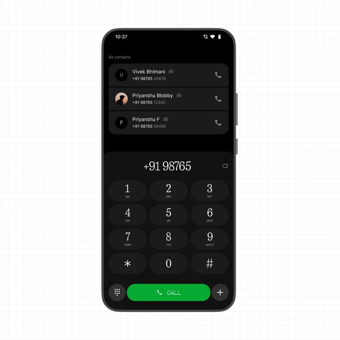 VoidCaller 2.0 dialpad screen showing a clean dark UI with contact suggestions at the top, numeric keypad below, and a green call button, designed for easy one-hand use.