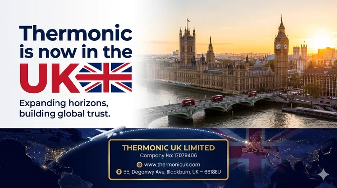 High-quality announcement graphic for Thermonic UK Limited. Shows the London skyline, Big Ben, and the UK flag. Map at the bottom shows flight connectivity to the UK. Includes the UK company registration number (17079406) and Blackburn office address. Headline: "Thermonic is now in the UK - Expanding horizons, building global trust."