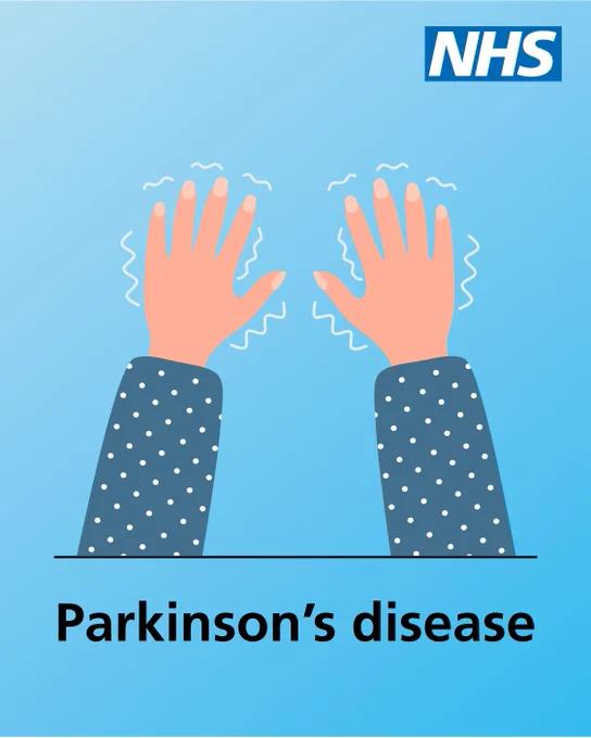 Illustration of two hands held up with visible shaking lines, representing tremors. NHS logo in the top corner and the words “Parkinson’s disease” displayed at the bottom.