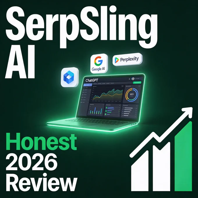 Promotional graphic for SerpSling AI 2026 showing a glowing laptop with ChatGPT SEO dashboard, surrounded by Google AI and Perplexity logos, with a big green upward growth arrow. Text reads: SerpSling AI, Honest 2026 Review.