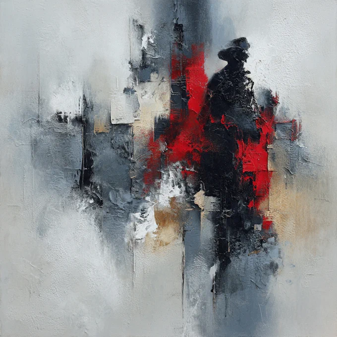Powerful abstract expressionist painting featuring a strong black silhouette of a standing figure dramatically highlighted with bold vertical red brushstrokes. The textured background blends layers of gray, white, and subtle earth tones with heavy impasto, drips, and visible brushwork. Striking contemporary art that evokes strength, presence, and defiant energy through intense color contrast.