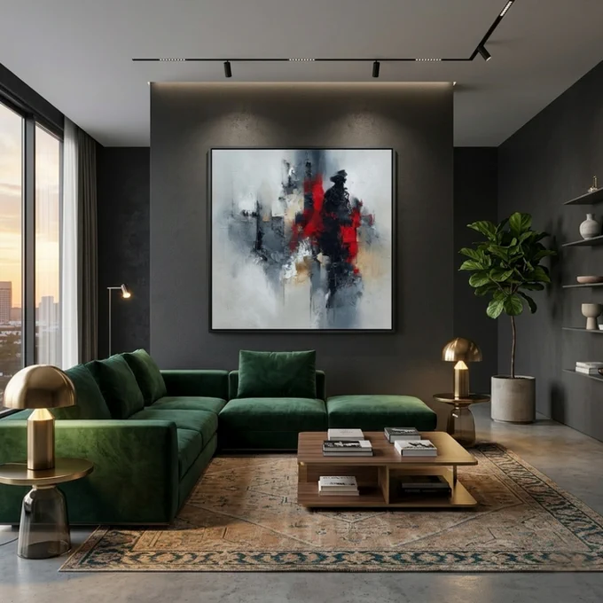 A powerful abstract expressionist painting in a large hall features the black silhouette of a standing figure, dramatically highlighted with bold vertical red brushstrokes. The textured background combines layers of gray, white, and subtle earth tones with thick impasto, drips, and visible brushstrokes. A striking work of contemporary art that evokes strength, presence, and defiant energy through intense chromatic contrast.