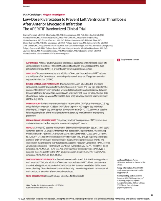 Research article titled 'Low-Dose Rivaroxaban to Prevent Left Ventricular Thrombosis After Anterior Myocardial Infarction: The APERITIF Randomized Clinical Trial' lists study investigators and discusses the trial's design, interventions, and results.