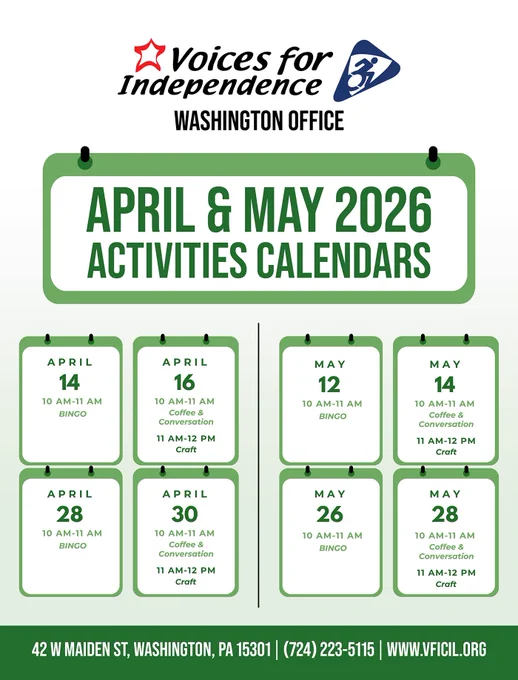 This is an image of the VFI Washington Office activities calendar for the months of April & May 2026. For more information, RSVPs, or questions, please call Tiff or Rachel at (814) 983-9634. If you would like a text-based version of the calendar, please contact sjohnson@vficil.org and we will send one over in the format of your choosing (PDF, Word doc, etc).