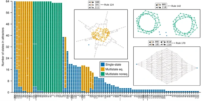 A graph displaying the number of states in attractors (y-axis) for each of the 88 non-redundant rule-sets (x-axis, labelled by their Wolfram codes) for a complex of size N = 6. States in the same type of attractor are grouped together into colored boxes (blue for single-state attractor, yellow for multistate equilibrium attractor, and green for multistate nonequilibrium attractor). Three smaller, inset graphs depict three rule-sets, where nodes denote a unique state of the complex and transitions are catalyzed reactions between states. The first inset displays states and transitions under rule 124, the second inset displays the same under rule 142, and the third displays the same under rule 170, with states not in an attractor colored in gray. 