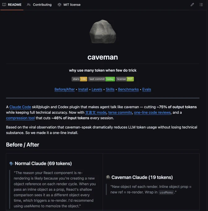 Captura de un README en modo oscuro de GitHub para “caveman”, con una piedra gris como logo en el centro y el lema “why use many token when few do trick”. Debajo se explica que es un plugin para Claude Code y Codex que hace que la IA hable como cavernícola para gastar menos tokens sin perder precisión técnica. Más abajo aparece una comparativa “Before / After”: a la izquierda, una explicación larga sobre un re-render en React; a la derecha, la misma idea resumida en modo piedra contra teclado: “new ref = re-render, useMemo”.