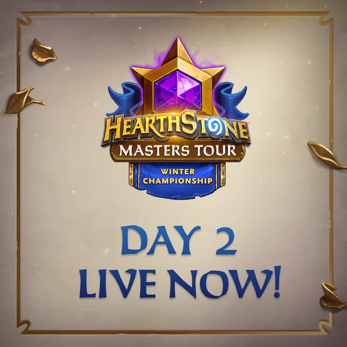 Hearthstone Masters Tour Winter Championship: Day 2 LIVE NOW! Logo features a gold star with a purple gem, set against a neutral background with falling leaves and a gold frame.