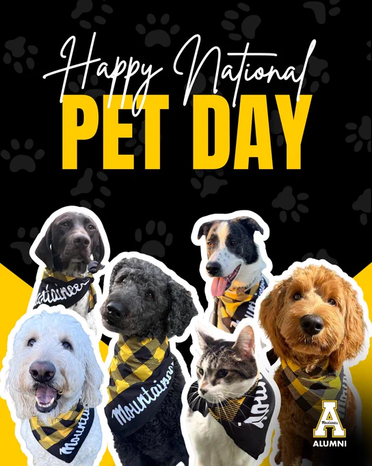 Graphic reading “Happy National Pet Day” with five dogs and one cat wearing black and gold App State bandannas, set against a black background with paw prints and the App State Alumni logo in the bottom right corner.
