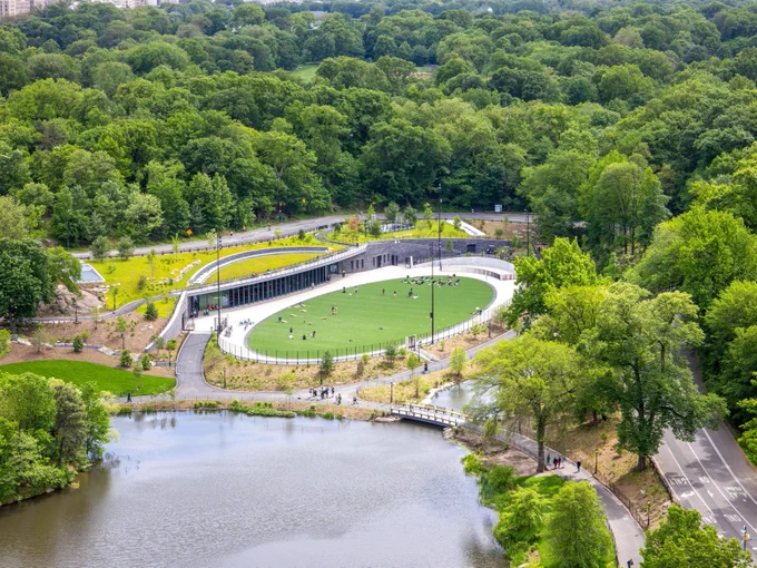 An aerial view of the green at the Davis Center and Harlem Meer in spring.