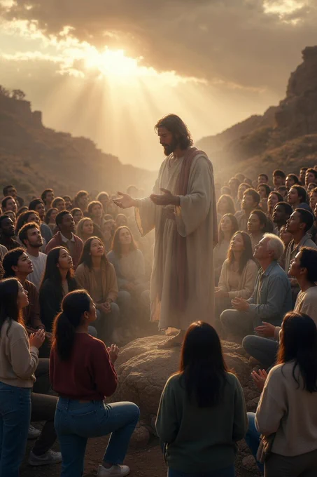 Jesus glowing with heavenly presence, now speaking directly to a diverse, modern crowd that reflects today’s believers.