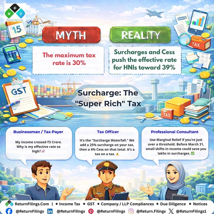 Image provided by ReturnFilings.Com it contains High Income = High Surcharge! 📈💸✨

The Myth: "I've hit the 30% slab, so that's the maximum I'll pay."
The Reality: Welcome to the "Super Rich" bracket. Surcharges act as a multiplier on your tax, often leading to an effective rate of 39%! ⚠️

The 2026 Breakdown:
1️⃣ Surcharge Tiers: It starts at 10% for income >₹50L and climbs to 25% (New Regime) or 37% (Old Regime) for >₹5Cr. 🏦
2️⃣ Tax on Tax: After the surcharge, a 4% Cess is added to the final amount. 🌊
3️⃣ The Rescue: Marginal Relief is your best friend if you’ve just barely crossed a limit. Don't pay ₹5L extra tax for earning ₹1L extra income! 🛡️✅

#ReturnFiling #Returnfilings #TaxSeason #LuxuryLife #HNIIndia #WealthGoals #IncomeTaxIndia #MoneyManagement #RichList