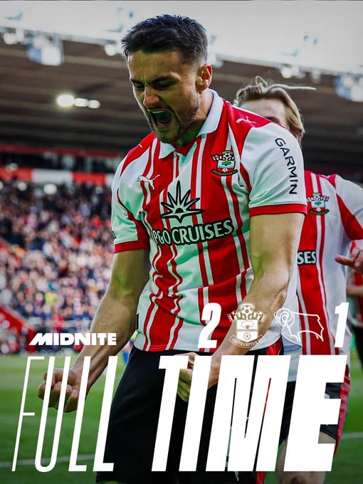 Full time: Southampton 2, Derby County 1. With an image of Taylor Harwood-Bellis celebrating his goal, wearing Saints' red and white home kit.