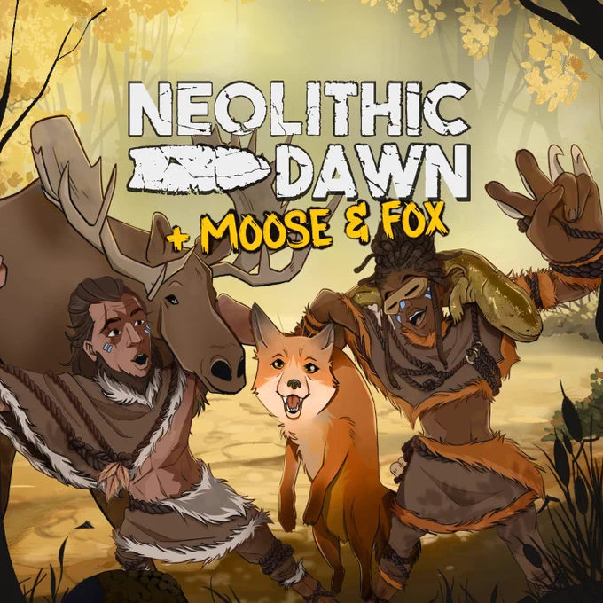 Virtual reality wilderness survival game, showing a caveman, cavewoman, and friendly, moose, fox, and giant salamander which have been added to Neolithic Dawn: a VR survival game in version 1.2.0