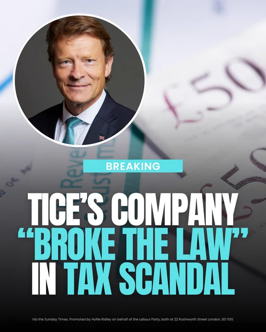 A headline graphic with an inset image of Reform UK deputy leader, Richard Tice. Text reads: BREAKING: Tice's company "broke the law" in tax scandal. Headline is attributable to The Sunday Times/Gabriel Pogrund.
