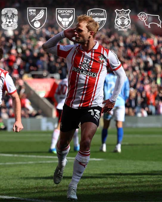 Leo Scienza celebrates his goal against Derby by cupping his right ear with his right hand. Added to the images are the six club crests of the teams beaten by Saints in the last six games. They are: Coventry, Norwich, Oxford United, Arsenal, Wrexham, Derby County.