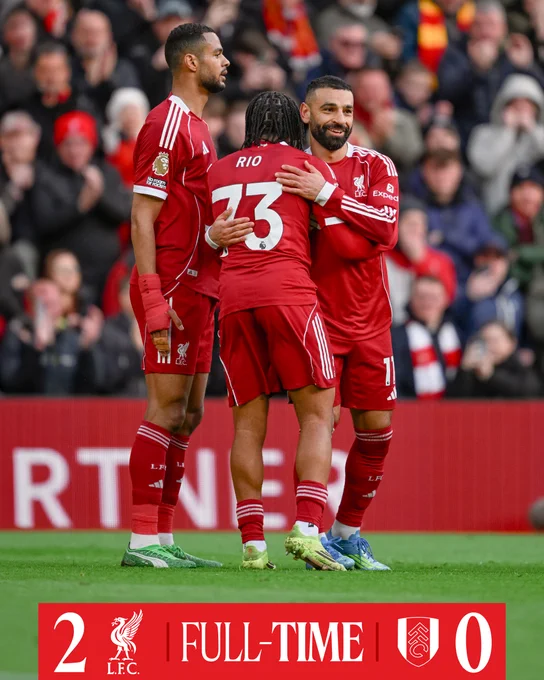 Full-time graphic for Liverpool vs Fulham in the Premier League.

The final score is Liverpool 2-0 Fulham.