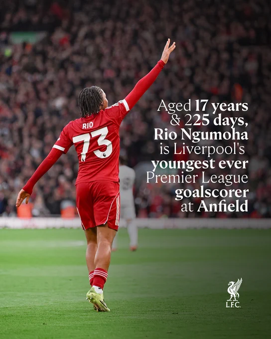 Graphic showcasing that Rio Ngumoha has become Liverpool's youngest ever Premier League goalscorer at Anfield.