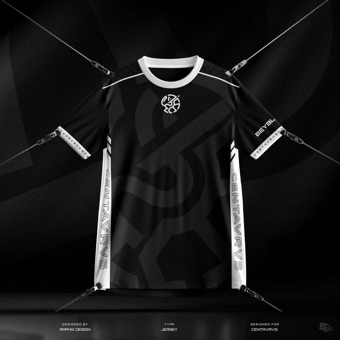 A black and white 3D esports jersey design for Centavrvs by Raphix Design, featuring vertical text on side panels and a clean minimalist logo." This ensures that when someone searches for "Black and White Esports Jersey