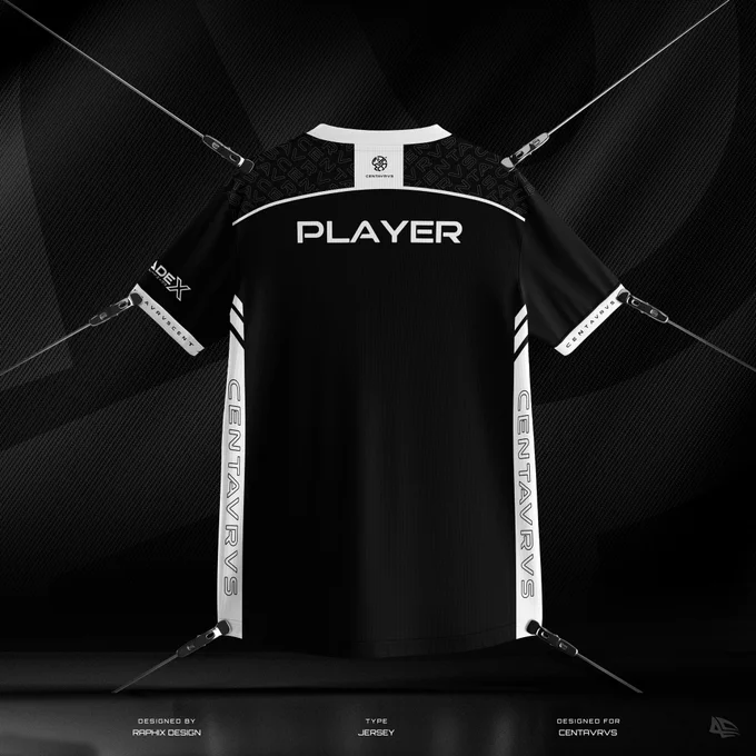 A black and white 3D esports jersey design for Centavrvs by Raphix Design, featuring vertical text on side panels and a clean minimalist logo." This ensures that when someone searches for "Black and White Esports Jersey