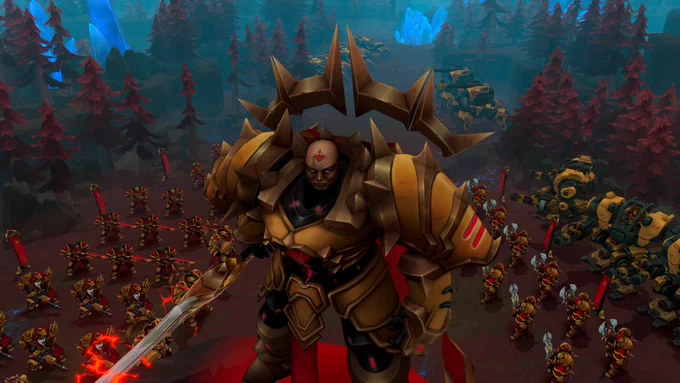 King Dominus in golden plate armor holding a large sword. Behind him, an army of soldiers and heavy mechs marches through a forest with red trees and blue crystals.