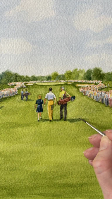 Close up of Sandra Russell painting a shadow of 3 people walking away from us in the middle of a fairway on a golf course hole, towards the green. Crowds of people watch the game. Watercolour golf illustration.