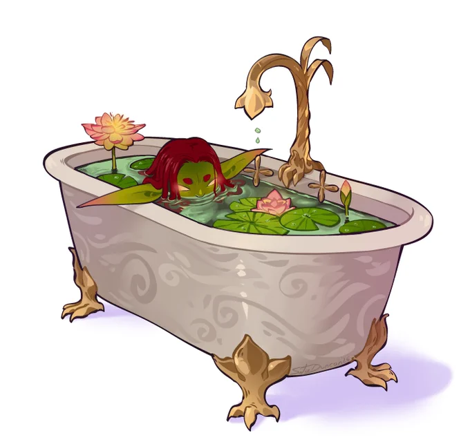 A lovely illustration featuring a green goblin, soaking in swampy water in a very pretty and pristine, clawed foot tub. Lily pads and lily flowers rest on top of and burst from the water.