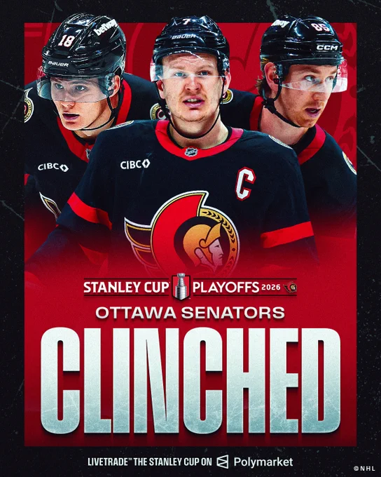 Top: Player cutouts on a red and black background of Tim St\u00FCtzle, Brady Tkachuk, and Jake Sanderson in Ottawa Senators uniforms. \n\nBottom: Large white text reads, \"Stanley Cup Playoffs 2026. Ottawa Senators. Clinched\". Below is smaller text reading, \"LiveTrade the Stanley Cup on Polymarket\".